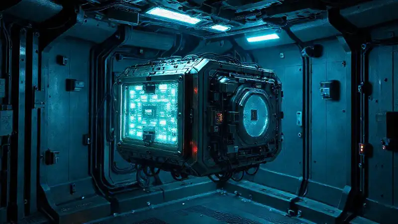 Dispositivo alienígena futurista en cámara de contención
