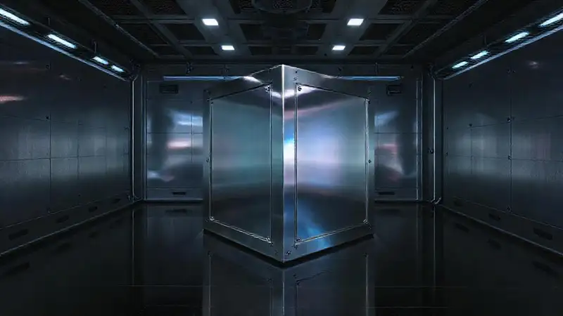 Cubículo metálico con reflejos y ambiente misterioso