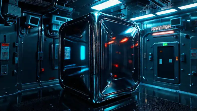 Cubículo metálico con reflejos y seguridad sofisticada