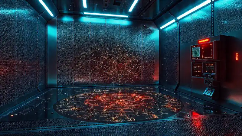 Cámara de contención futurista con patrones fractales