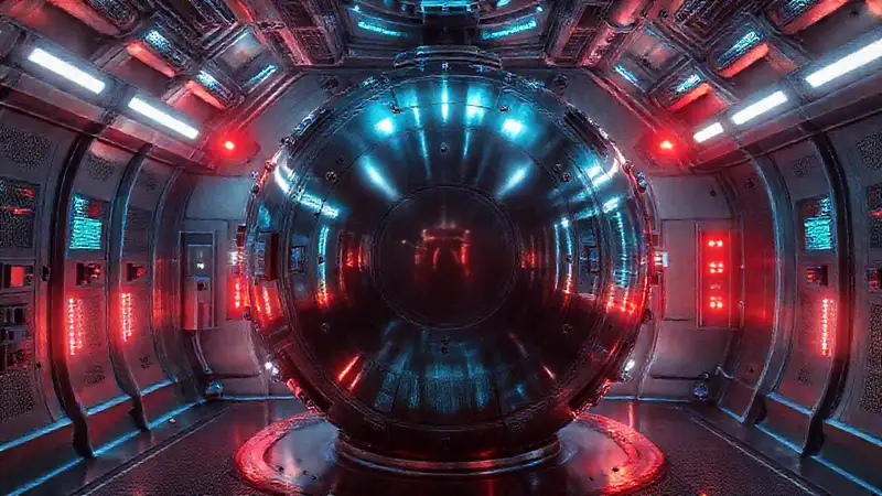 Esfera metálica en cámara de contención futurista