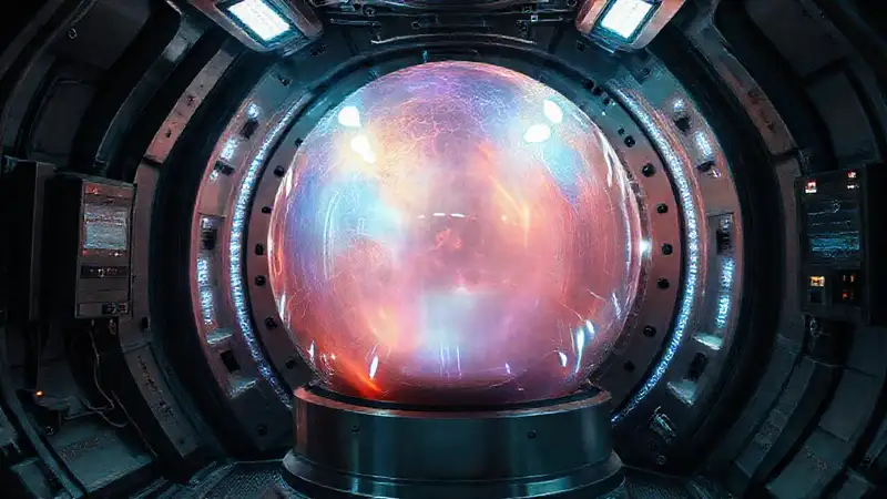 Esfera iridiscente en contenedor futurista seguro