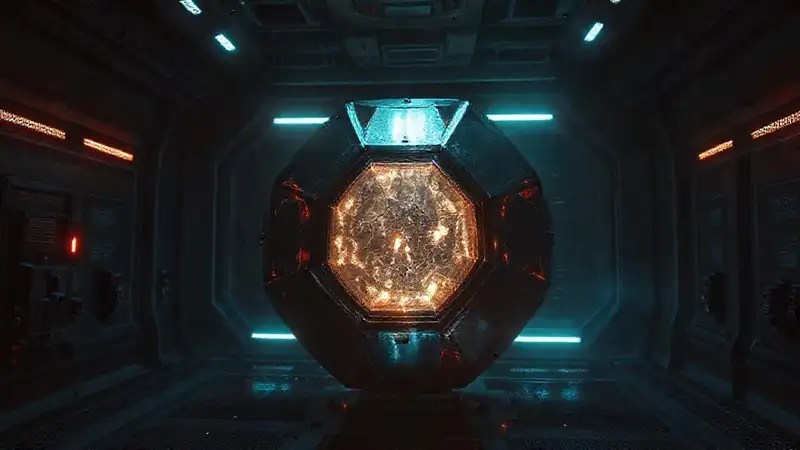 Entidad metálica pentagonal en contención futurista