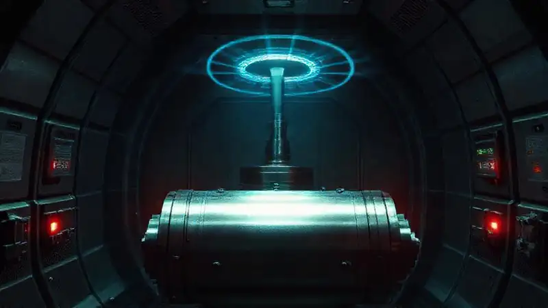 Cámara de contención futurista con objetos electromagnéticos
