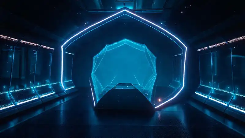Estructura futurista con ondas electromagnéticas brillantes