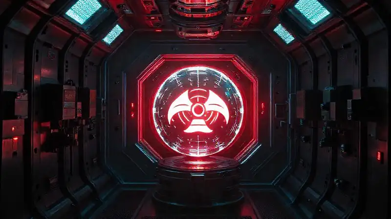Cámara de contención futurista con objeto misterioso