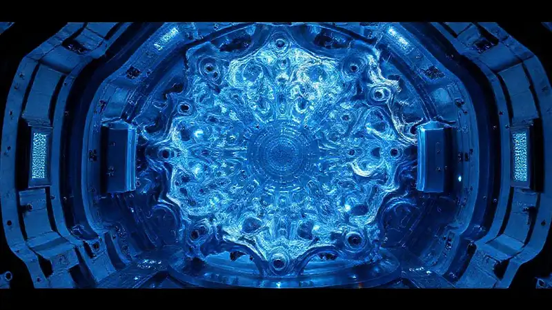 Laboratorio futurista con estructura metálica y protección