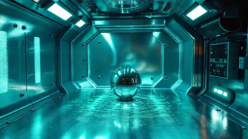 Cámara futurista con esfera y patrones electromagnéticos
