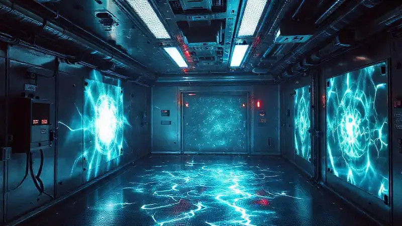 Sala futurista con energía misteriosa y seguridad