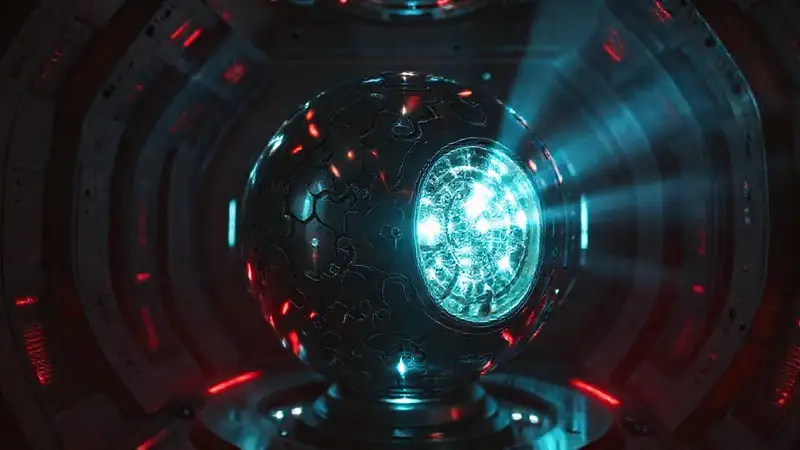 Esfera metálica fractal en entorno futurista seguro