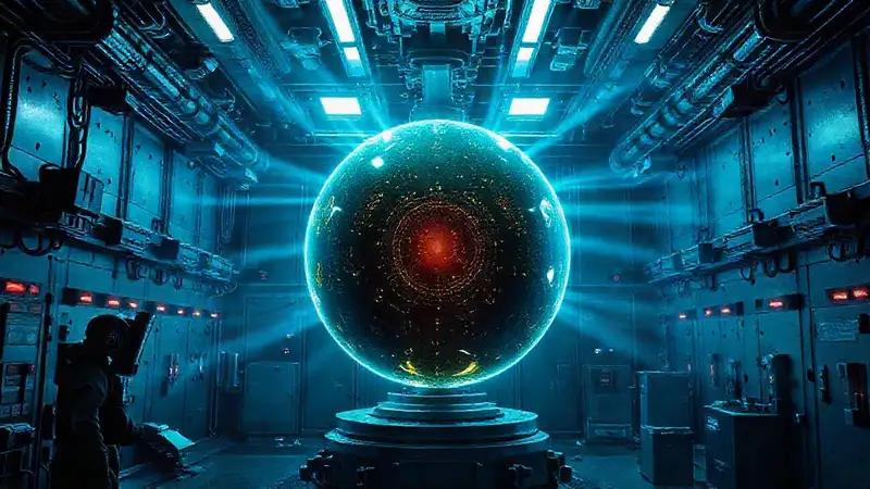 Esfera luminosa en laboratorio con vigilancia y tensión