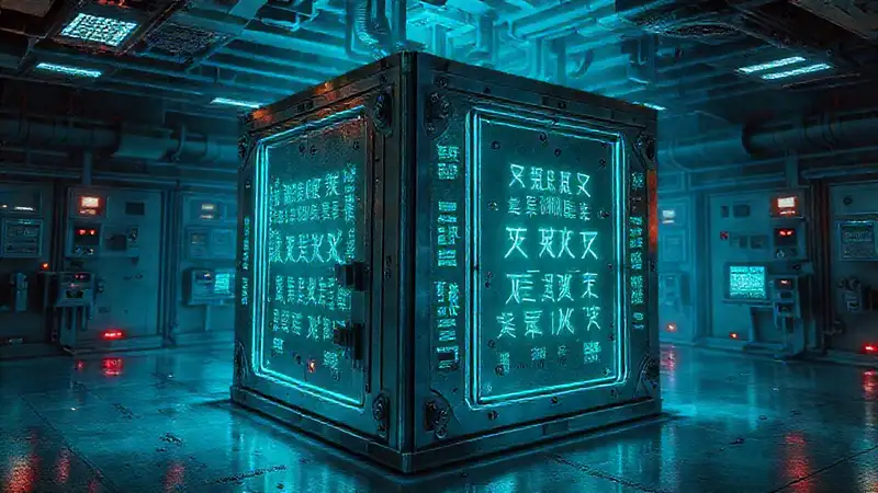 Cubo metálico con patrones y aura electromagnética