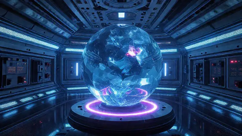 Esfera cristalina luminosa en laboratorio futurista