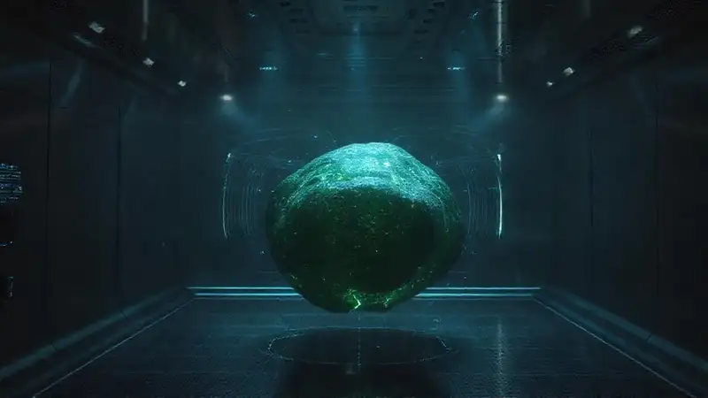Objeto misterioso bioluminiscente en contenedor futurista