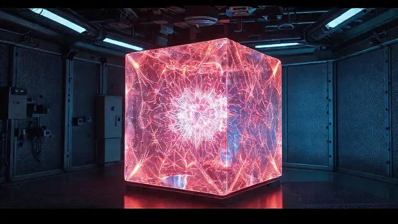 Cube iridiscente en laboratorio futurista seguro