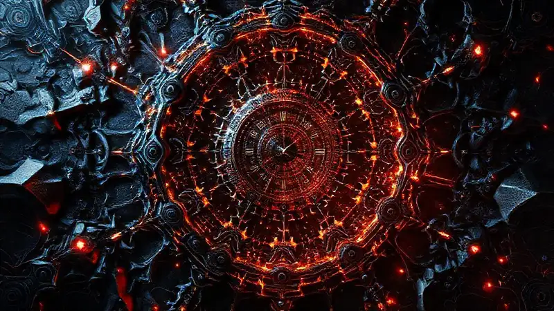 Portada futurista con patrones fractales y luz misteriosa