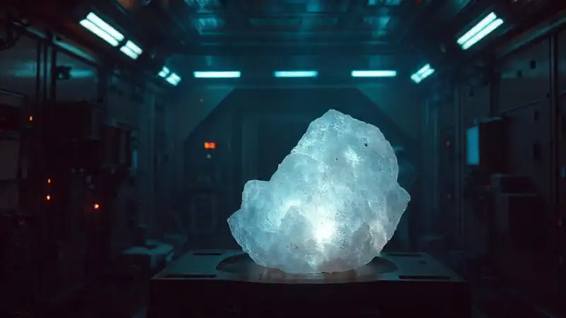 Cristal opalescente en entorno científico misterioso