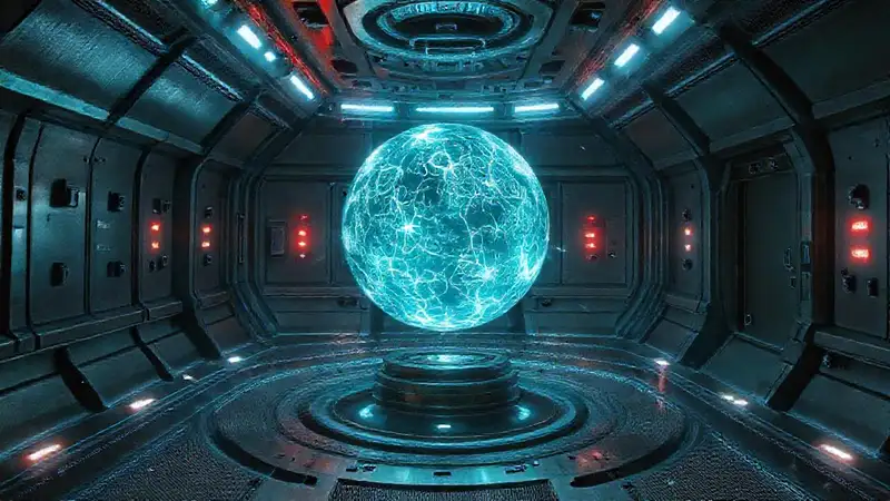 Esfera energética misteriosa en entorno futurista y controlado