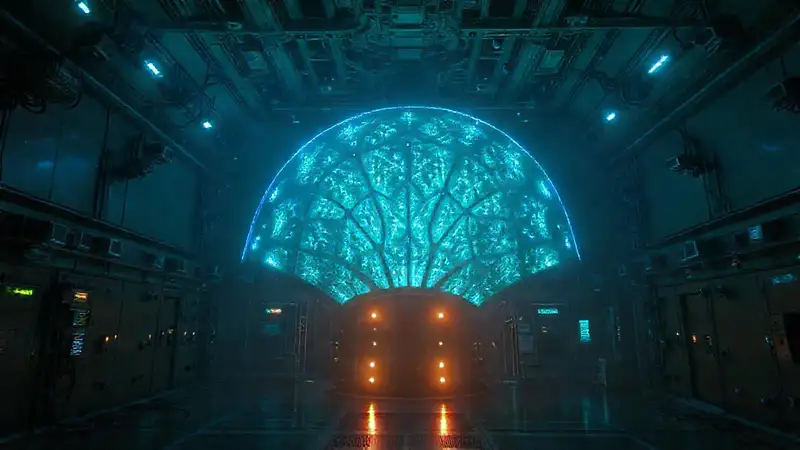 Estructura luminosa misteriosa con tecnología avanzada