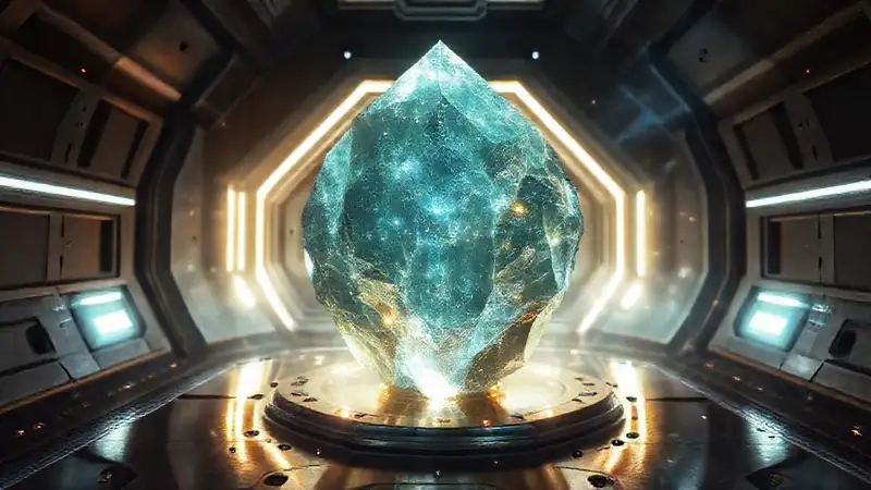 Estructura cristalina y objeto misterioso futurista