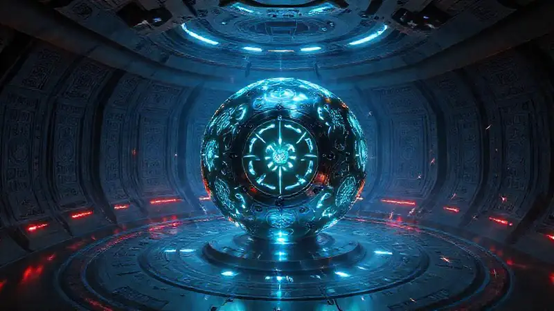 Esfera metálica luminosa en entorno futurista-anciano