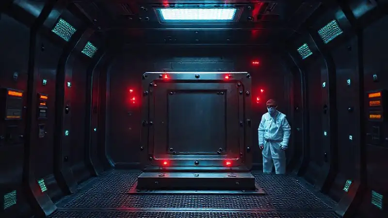 Contención tecnológica futurista con alertas y científicos