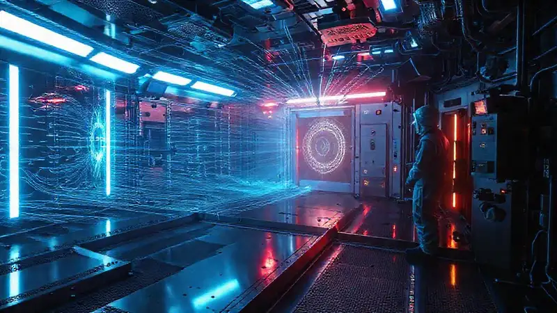 Sala de contención futurista con vigilancia avanzada