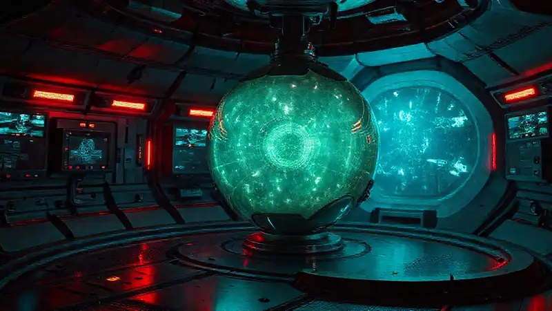 Esfera luminosa en cámara futurista de seguridad
