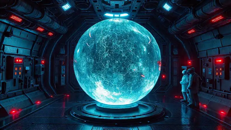 Esfera luminosa en contención futurista, peligrosa