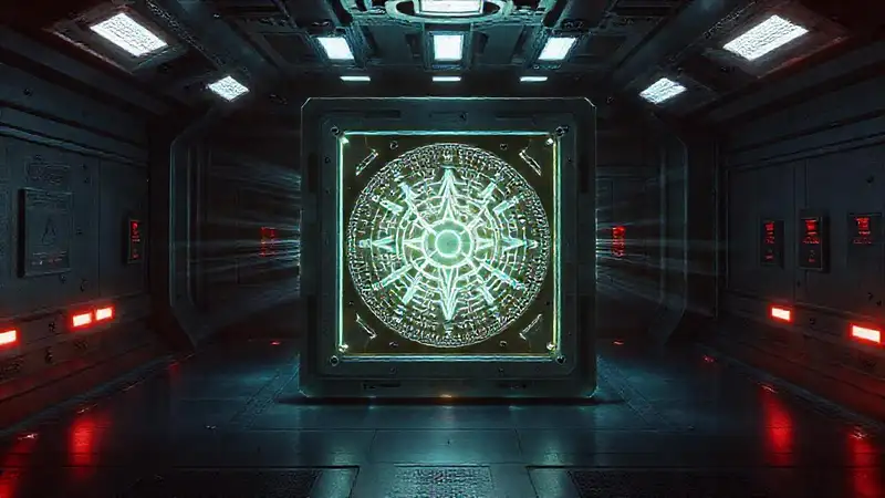 Cubo metálico con símbolos y energía misteriosa