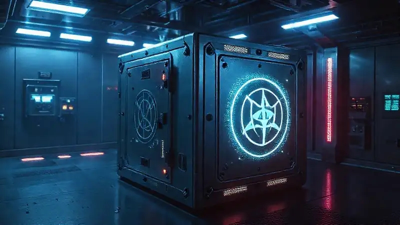 Cubo metálico con símbolos y radiaciones peligrosas
