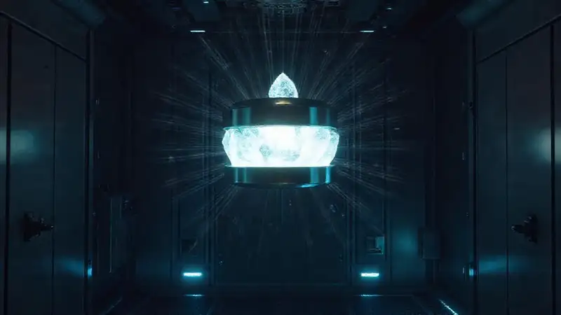 Cápsula metálica brillante en sala segura y misteriosa