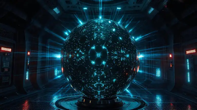 Esfera metálica luminosa en cámara de alta tecnología