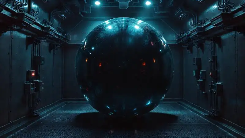 Esfera oscura iridiscente en entorno secreto