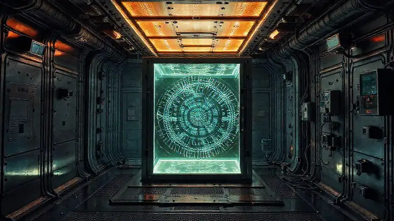 Habitación segura con cubo y vigilancia futurista