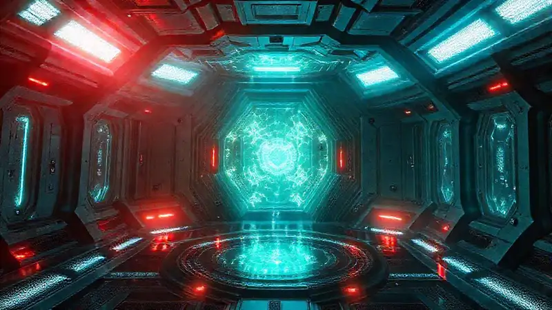 Estructura futurista con energía y advertencias