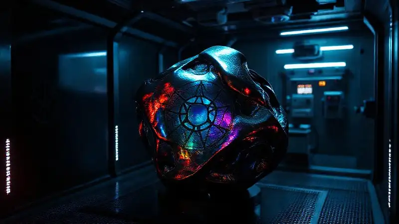 Cámara de contención con escultura misteriosa y alta tecnología