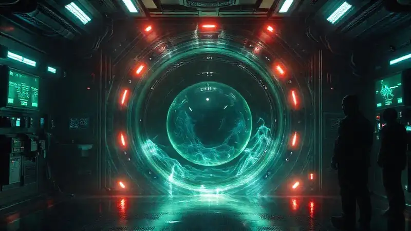 Puerta energética misteriosa en entorno futurista