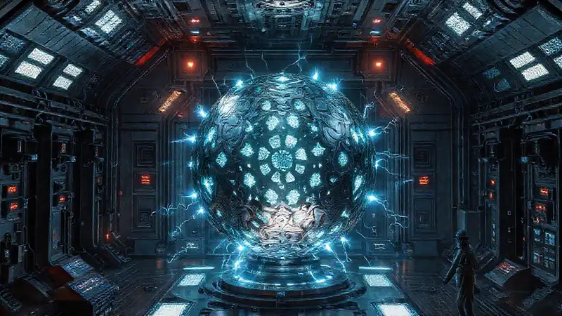 Esfera metálica con energía y protección tecnológica