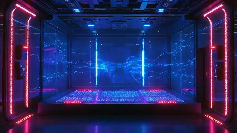 Campo de energía electromagnética en cámara futurista