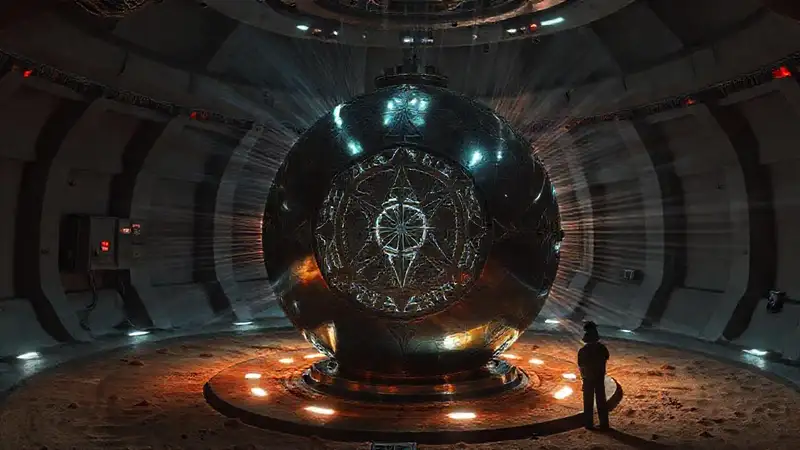 Esfera metálica en entorno seguro y misterioso
