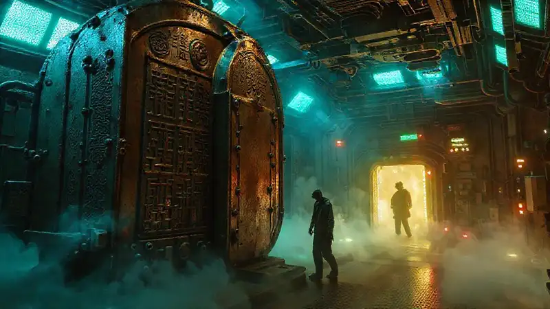 Estructura misteriosa en sala de estudio futurista