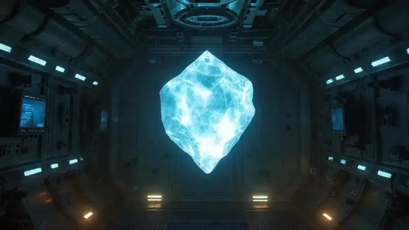 Entidad cristalina luminosa en contención tecnológica