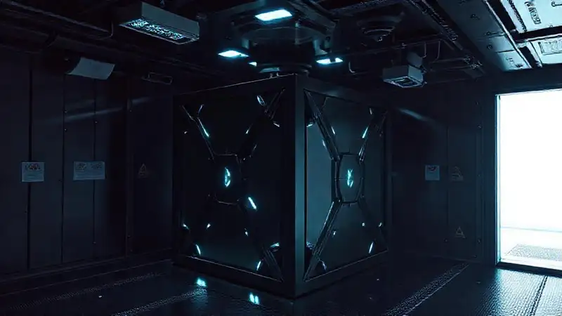 Cubo negro misterioso en sala de seguridad
