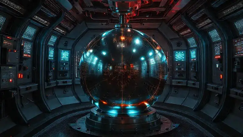 Esfera metálica en contenedor futurista y misterioso