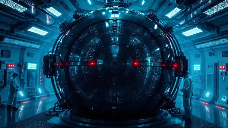 Esfera metálica en laboratorio futurista protegido
