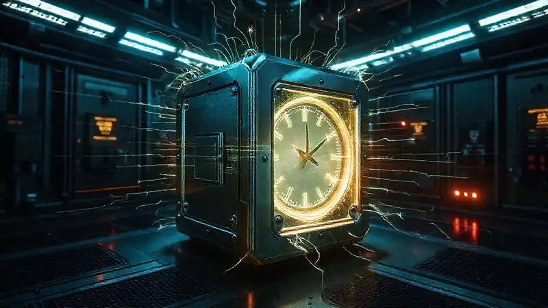 Cubo metálico futurista en sala segura