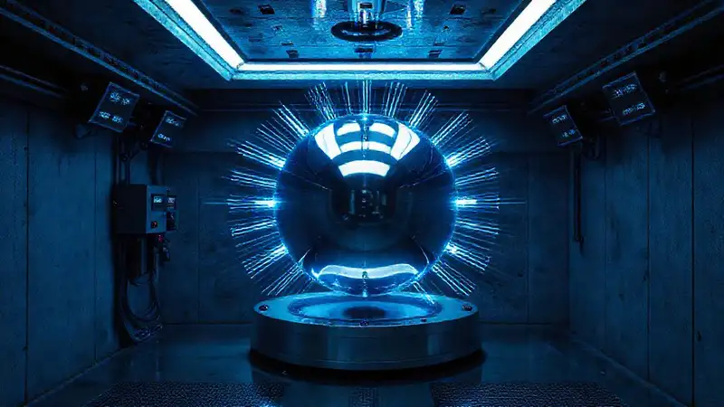 Esfera metálica en laboratorio de alta seguridad