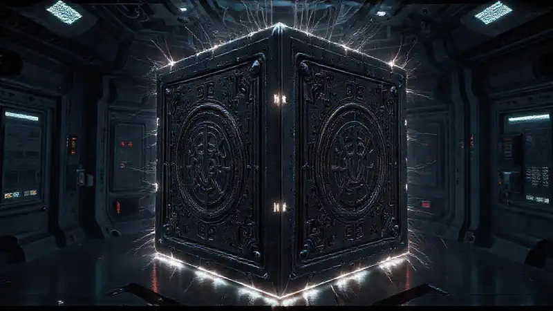 Cubo metálico con símbolos y energía brillante
