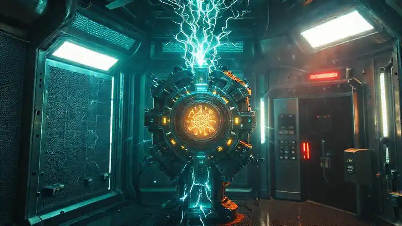 Estructura futurista luminosa con aura de peligro